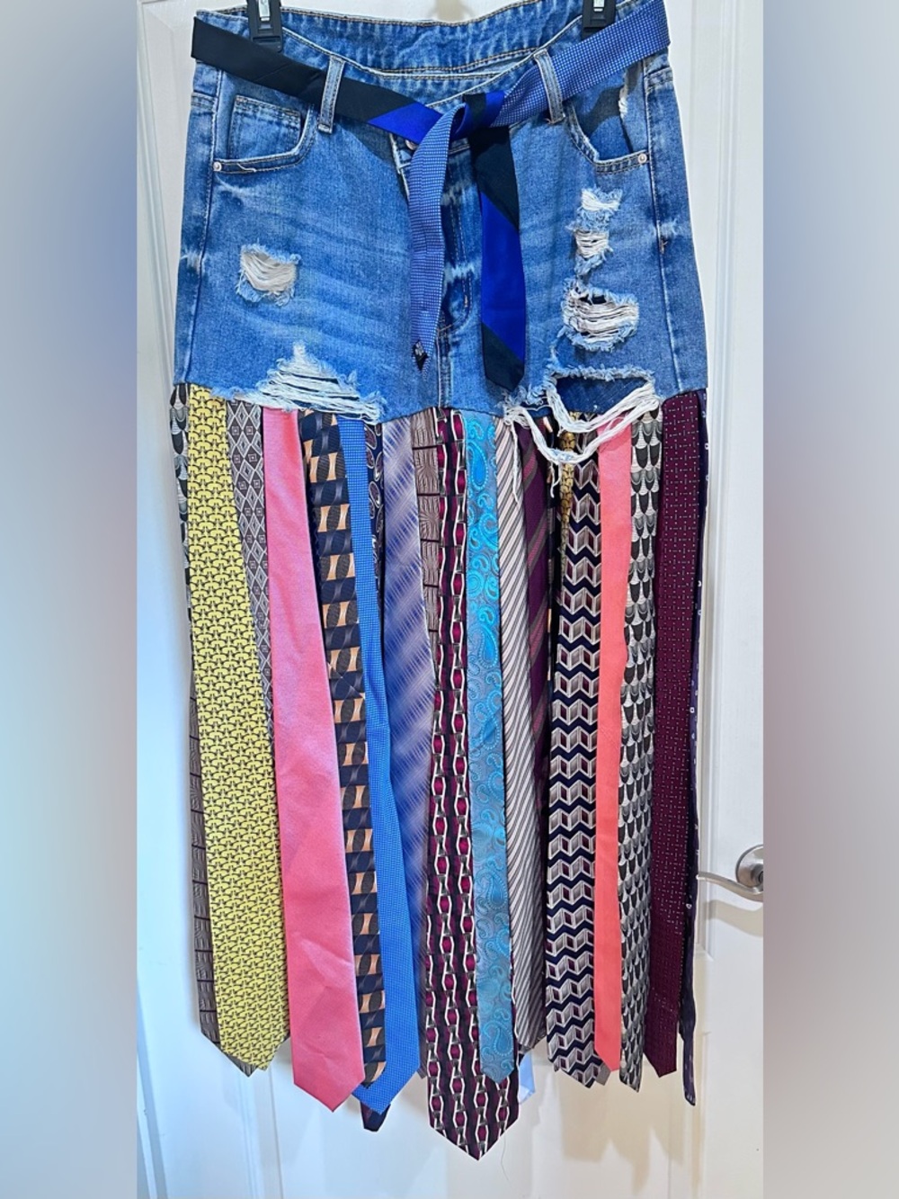 Upcycled Multicolor Tie-Strip Denim Maxi Skirt size L - Picture 4 of 7